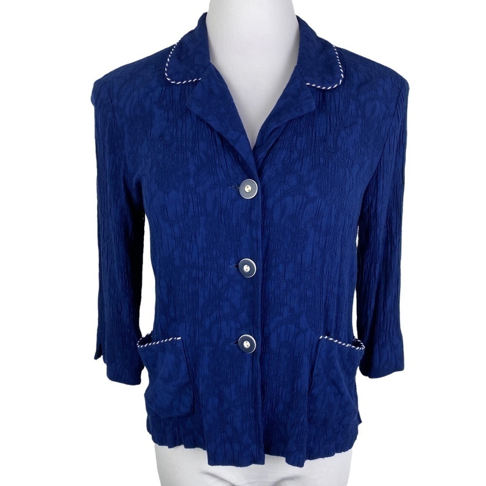 Karin Stevens Vintage Navy Blue 3-Button Rayon 3/4 Sleeve Blouse Women's 8